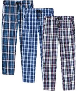 MoFiz Herren Pyjamahose Baumwolle Lange Schlafanzughosen Freizeithose Kariert Loungewear Nachtwäsche mit Seitentaschen 3Pack-C XL von MoFiz