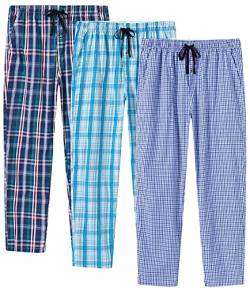 MoFiz Herren Pyjamahose Baumwolle Lange Schlafanzughosen Freizeithose Kariert Loungewear Nachtwäsche mit Seitentaschen 3Pack-D XL von MoFiz