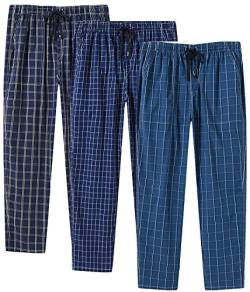MoFiz Herren Pyjamahose Baumwolle Lange Schlafanzughosen Freizeithose Kariert Loungewear Nachtwäsche mit Seitentaschen 3Pack-E L von MoFiz