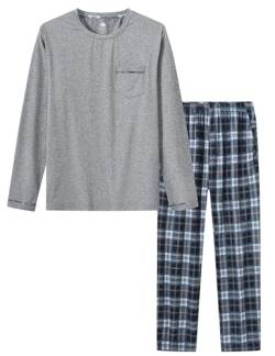 MoFiz Herren Schlafanzüge Lang Winter Pyjama Set Zweiteiliger Weich Warme Langarm Shirt Karierte Schlafanzughose Lange Loungewear Nachtwäsche Set Brusttasche Grau EU XL von MoFiz