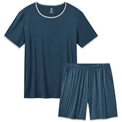 MoFiz Herren Schlafanzug Kurz Sommer Weich Pyjama Set Leicht Nachtwäsche Hausanzug Sleepwear Kurzarm Oberteil und Shorts mit Elastischem Bund Taschen 4XL Blau von MoFiz