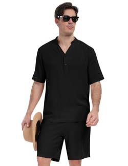 MoFiz Herren Trainingsanzug Leinen Set Baumwolle 2 Stück Kurzarm Shirt und Shorts Sommer Outfits Lässig Strand Sets Schwarz XL von MoFiz