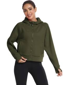 MoFiz Laufjacke Damen Trainingsjacke Sportjacke Fleecejacke Hoodies Sweatjacke mit Reißverschluss fur Herbst Winter Grün M von MoFiz