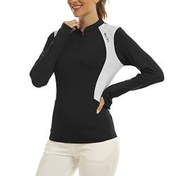 MoFiz Laufshirt Damen Langarm Leicht Atmungsaktiv Polo für Sport Wintershirts mit Stehkragen Schwarz S von MoFiz