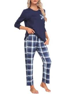 MoFiz Schlafanzug Damen Lang Pyjama Set Winter Zweiteiliger Nachtwäsche Sleepwear und Karierte Pyjamahose Loungewear Freizeitanzug XL von MoFiz