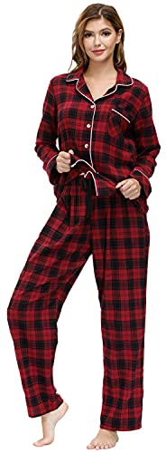 MoFiz Schlafanzug Damen Lang mit Bündchen Pyjama Anzug Baumwolle Sleepwear Winter mit Knopfleiste 2XL von MoFiz