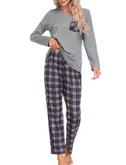 MoFiz Schlafanzug Damen Winter Pyjama Set Lang Zweiteiliger Nachtwäsche Sleepwear und Karierte Pyjamahose Hausanzug Freizeitanzug XL von MoFiz