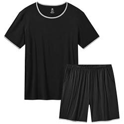 MoFiz Schlafanzug Herren Kurz Pyjama Kurzarm Einfarbig Nachtwäsche Set Zweiteiliger Pyjamahose und Shirt Rundhals Elastischer Bund Taschen Sleepwear für Sommer 4XL Schwarz von MoFiz