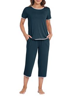 MoFiz Schlafanzug Kurz Damen Hausanzug Pyjama Set Modal Zweiteiler Nachtwäsche fur Sommer Blau XL von MoFiz