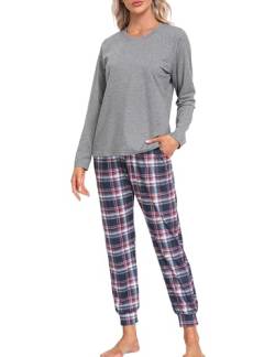 MoFiz Schlafanzug Lang Damen Pyjama Set Langarm Hausanzug Zweiteiliger Nachtwäsche Karierte Pyjamahose mit Bündchen Freizeitanzug Grau B57 EU L (US M) von MoFiz