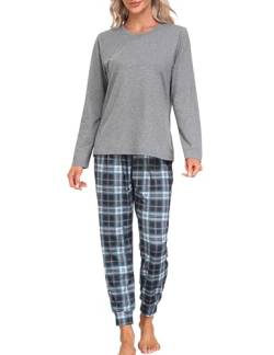 MoFiz Schlafanzug Lang Damen Pyjama Set Langarm Hausanzug Zweiteiliger Nachtwäsche Karierte Pyjamahose mit Bündchen Freizeitanzug Grau D56 EU XL (US L) von MoFiz