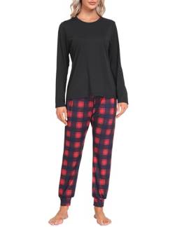 MoFiz Schlafanzug Lang Damen Pyjama Set Langarm Hausanzug Zweiteiliger Nachtwäsche Karierte Pyjamahose mit Bündchen Freizeitanzug Schwarz A58 EU XXL (US XL) von MoFiz