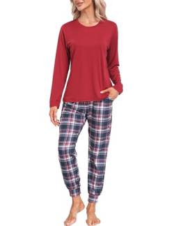 MoFiz Schlafanzug Lang Damen Pyjama Set Langarm Hausanzug Zweiteiliger Nachtwäsche Karierte Pyjamahose mit Bündchen Freizeitanzug Weinrot B57 EU XL (US L) von MoFiz