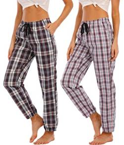 MoFiz Schlafanzughose Damen Lang Karierte Pyjamahose Baumwolle Nachtwäsche Atmungsaktiv Freizeithose 2 Pack-3602 XL von MoFiz