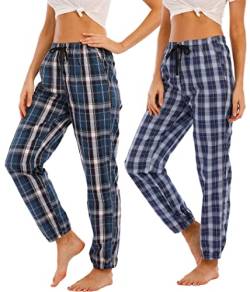 MoFiz Schlafanzughose Damen Lang Karierte Pyjamahose Baumwolle Nachtwäsche Atmungsaktiv Freizeithose 2 Pack-3605 XXL von MoFiz