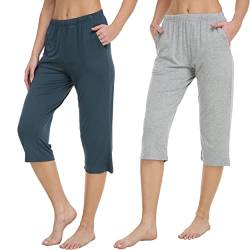 MoFiz Schlafanzughose Damen Pyjamahosen Freizeithose Stretch Yogahose Weiche Frauen Nachtwäsche Hosen Blau Grau XL von MoFiz