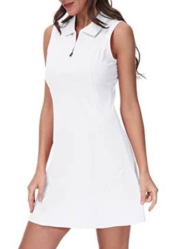 MoFiz Sportkleider Damen Tennis Golf Kleider Ärmellos Sommer Freizeitkleider Baumwolle Polokleid mit Reißverschluss Weiß M von MoFiz