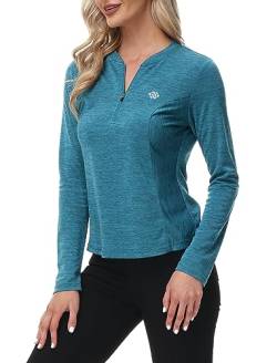 MoFiz Sportshirt Damen Langarm Sweatshirt Tops Fitness Langarmshirt Einfarbig Casual Laufshirt mit Reißverschluss Seeblau XL von MoFiz