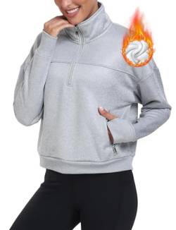 MoFiz Sweatshirt ohne Kapuze Damen Fleecejacke Sweatjacke Kurzer Pullover mit Reißverschluss fur Herbst Winter Grau M von MoFiz