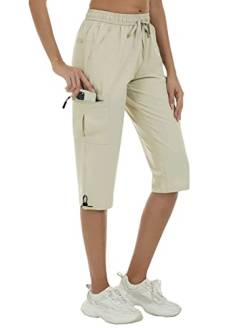 MoFiz Wandershorts Damen Caprihose Sommer Outdoorhose Hotpants Cargo Shorts mit Taschen Khaki Hell L von MoFiz
