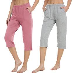 Pyjamahose Damen Schlafhose Schlafanzug 3/4 Hose Freizeithose Stretch Weiche Nachtwäsche Hosen Grau Rosa M von MoFiz