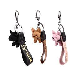 MoKu 3 Stück Hund Anhänger Schlüsselbund, Bulldogge Schlüsselanhänger, Französische Bulldogge Schlüsselanhänger, für Frauen, Herren, Tasche, Rucksack, Auto Schlüssel, Handtasche Dekoration von MoKu