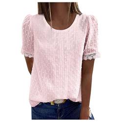 Bluse Damen Kurzarm - Boho Spitzen Oberteile Damen, V-Ausschnitt Doppellagig Tunika Elegant Frühling T-Shirt Tops Curvy Mode Trachtenbluse Sommer Trachtenshirt Festliche Blusen Rosa XXL von Mobanna