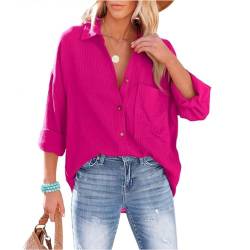 Bluse Damen Langarm mit V-Ausschnitt 100% Baumwolle Hemdbluse Lockere Passform Solide Dickes Oberteil Oversize Bluse mit Brusttaschen Tops Hot Pink L von Mobanna