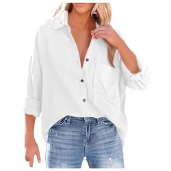 Bluse Damen Langarm mit V-Ausschnitt 100% Baumwolle Hemdbluse Lockere Passform Solide Dickes Oberteil Oversize Bluse mit Brusttaschen Tops WeiB L von Mobanna