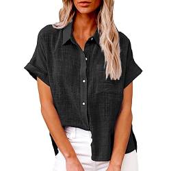 Blusen & Tuniken Für Damen - Leinenbluse Damen, V-Ausschnitt Kurzarm Leinenhemd Sommer Casual Lose Blusen Shirts mit Brusttaschen Oberteile Top Schwarz M von Mobanna