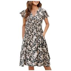 Kleider Damen Sommer - Rüschen Ärmel Sommerkleid Damen Knielang, V-Ausschnitt Boho Kleid Swing Elastische Taille Midikleid Italienische Frühlingskleid Jerseykleid mit Taschen Schwarz XL von Mobanna