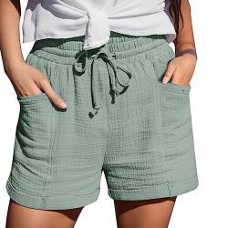 Mobanna Baggy Shorts Damen - mit Gummizug Bermuda Shorts Damen, Sommer Mode Shorts Lässige Musselin Hose mit hoher Taille Gerades Bein Sport Lockere Baumwolle Leinen Shorts Kurze Hose Grün M von Mobanna