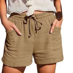 Mobanna Baggy Shorts Damen - mit Gummizug Bermuda Shorts Damen, Sommer Mode Shorts Lässige Musselin Hose mit hoher Taille Gerades Bein Sport Lockere Baumwolle Leinen Shorts Kurze Hose Khaki XXL von Mobanna