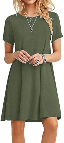 Mobanna Kleider Damen Sommer Kurze - Rundhals Kurzarm Sommerkleid Damen, Casual Locker Shirtkleid Schicke Sommerkleider Sportliche Kleider mit Taschen Tunikakleid Spring Dresses for Women Grün L von Mobanna