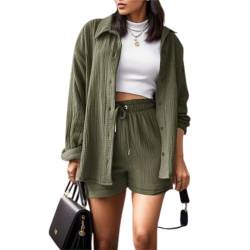 Mobanna Zweiteiler Damen Sommer - Damen Sommer Musselin Bluse Hemd und Shorts Zweiteiler Set Baumwolle Strand Outfit Set 2 Teiler Damen Sommer Anzug Damen Elegant 2 Teiler GN2 M von Mobanna