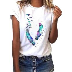 T Shirt Damen Weiß Kurzarm Sport Sommer Oberteile Feder Druck Ausgefallene Blumen T-Shirt Sweatshirt Lose Rundhals Drucken Bluse Teenager Mädchen Tunika Top, Weiß XL von Mobanna