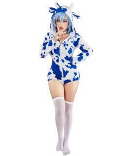 Mobbunny Nette Cartoon Kuh Druck Cosplay Kostüm Fuzzy Onesies Mit Kapuze Overall Reißverschluss Strampler Pyjamas, blau/weiß, XL von Mobbunny