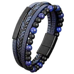 Mochity Herren Armbänder, 316L Edelstahl Echtleder Armband, Naturstein Geflochten Armband Schwarz Braun Blau (Blau) von Mochity