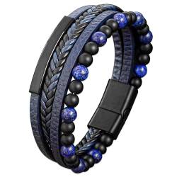 Mochity Lederarmband Herren 21cm,Armband Herren Schwarz Braun Blau,Herren Armband Edelstahl,Perlenkette Herrenarmband Armbänder Für Herren,Leder Armband Herr Männer Geschenke Schmuck Herren (Blau) von Mochity