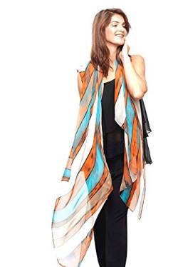 Modassori Damen Mode Schal leicht 180 cmx 140 cm Streifen Türkis Weiß Orange Kollektion 2023/2024 von Modassori