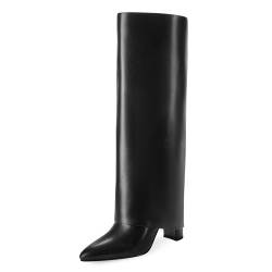 Modatope Kniehohe Stiefel Frauen Falten über Knie Hohe Stiefel Chunky High Heels Lange Stiefel Reißverschluss Spitze Zehe Kleid Hohe Stiefel für Frauen, Schwarz (Black Pu), 40.5 EU von Modatope