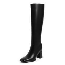 Modatope Kniehohe Stiefel für Damen, breiter Absatz, quadratischer Zehenbereich, hoher Absatz, seitlicher Reißverschluss, lange Stiefel, A-Schwarz, 39 EU von Modatope