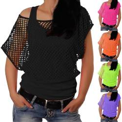 Damen 80er Jahre T Shirts Neon Fischnetz Mesh Shoulder Tops Fany Kleid für Frauen (Tops + Weste) von Modaworld