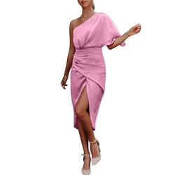 Damen One Shoulder Kleid in Satinoptik Raffungen Beinschlitz Asymmetrischer Cocktailkleid Partykleid Midi Dress (pink, L) von Modaworld