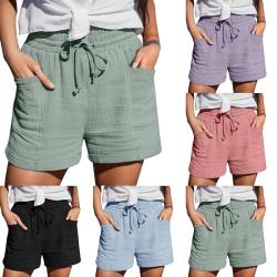 Damen Shorts Sommer Mode Lässige Musselin Hose mit hoher Taille Gerades Bein Sport Lässige Lockere Shorts mit Kordelzug Kurze Hose mit Taschen Elastische Freizeit Shorts Stoffhose von Modaworld