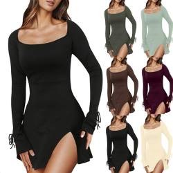 Modaworld Damen Bodycon Kleider Mini Flare Langarm Eng Kurz Schlitz Kleid Stretch Sexy Dress De Bleistift Kurzkleid Kleid Minikleid für Club Party Abend von Modaworld