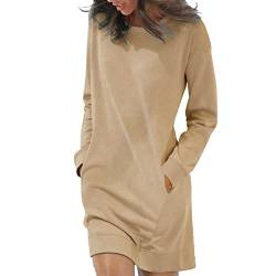 Modaworld Damen Sweatkleid Langarm Kleider Sweatshirt Dress Lässig Sportliche Longshirt Tops Minikleider mit Logodruck Herbst (Khaki, L) von Modaworld