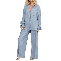 Modaworld Plissee Loungewear Set Damen 2 Teilig Button Down Bluse Langarm Hohe Taille Weites Bein Hosen Sets Hose mit Top Sommer Elegant von Modaworld