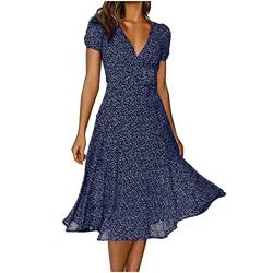 Sommerkleid Damen Lang V-Ausschnitt Strandkleid Lässig Chiffon Kleider Lose Kurzarm Freizeitkleid Elegant A-Linie Midikleid Knielang Partykleid Polka Dot Maxikleid Hohe Taille Boho Kleid von Modaworld