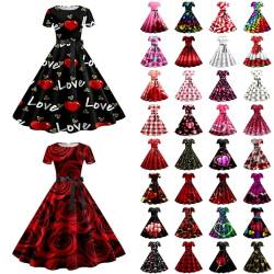 Valentinstag Kleid Damen 50er Jahre Kleider Vintage Rockabilly Cocktailkleid Sexy Ballkleid Elegant A-Line Kleid Blumendruck Sommerkleid Knielang V-Ausschnitt Abendkleid Hohe Taille Faltenrock von Modaworld